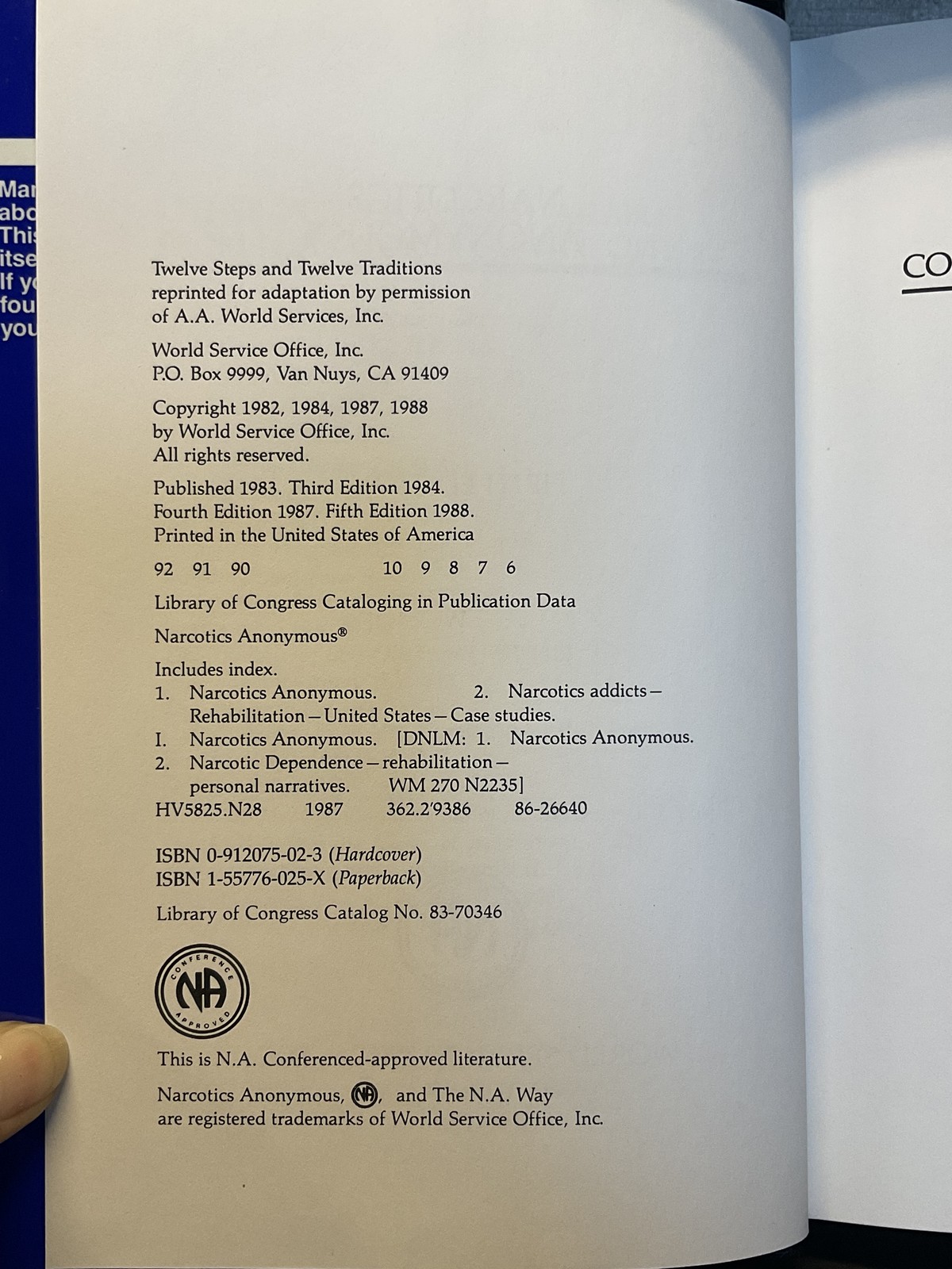 Narcotics Anonymous NA Basic Text Book Fifth Edition 1988 Hardcover Recovery