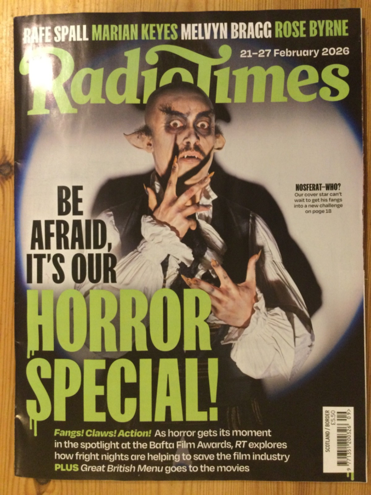 Radio Times. 21-27 Feb 2026. Rafe Spall Marian Keyes Melvin Bragg Rose Byrne
