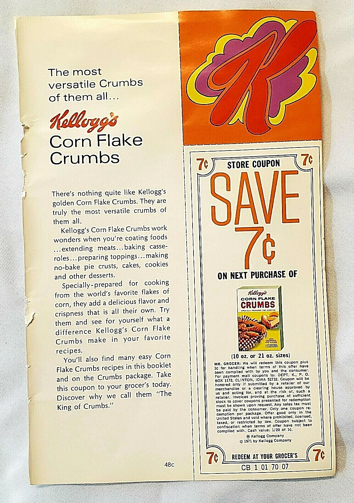 VINTAGE 1971 KELLOGG&rsquo;S CORN FLAKE CRUMBS COUPON $0.07 CENTS AND AD PAGE