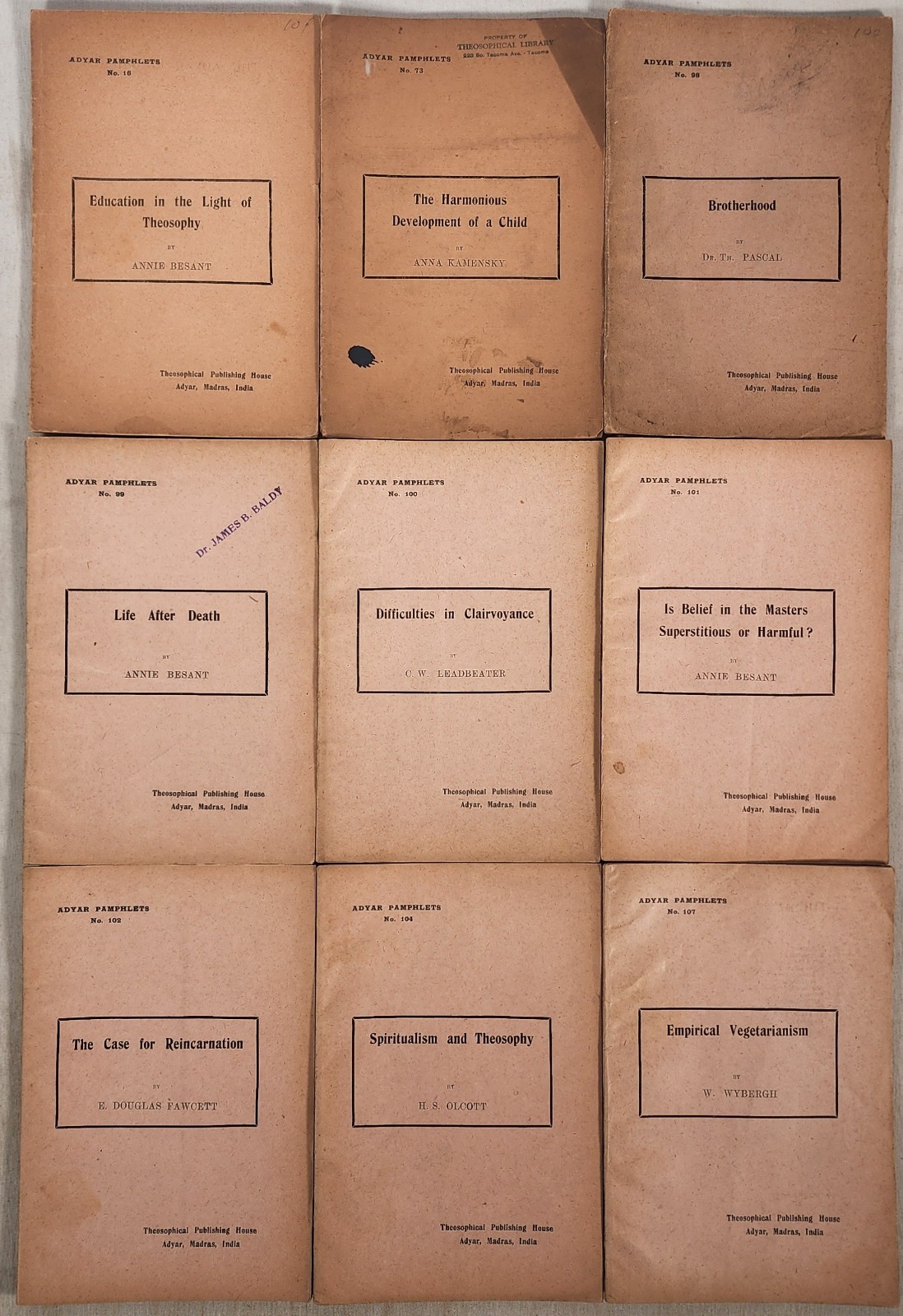 1916 – 1919 Adyar Pamphlets Lot 9 Besant, Leadbeater, Pascal, Wybergh, Theosophy