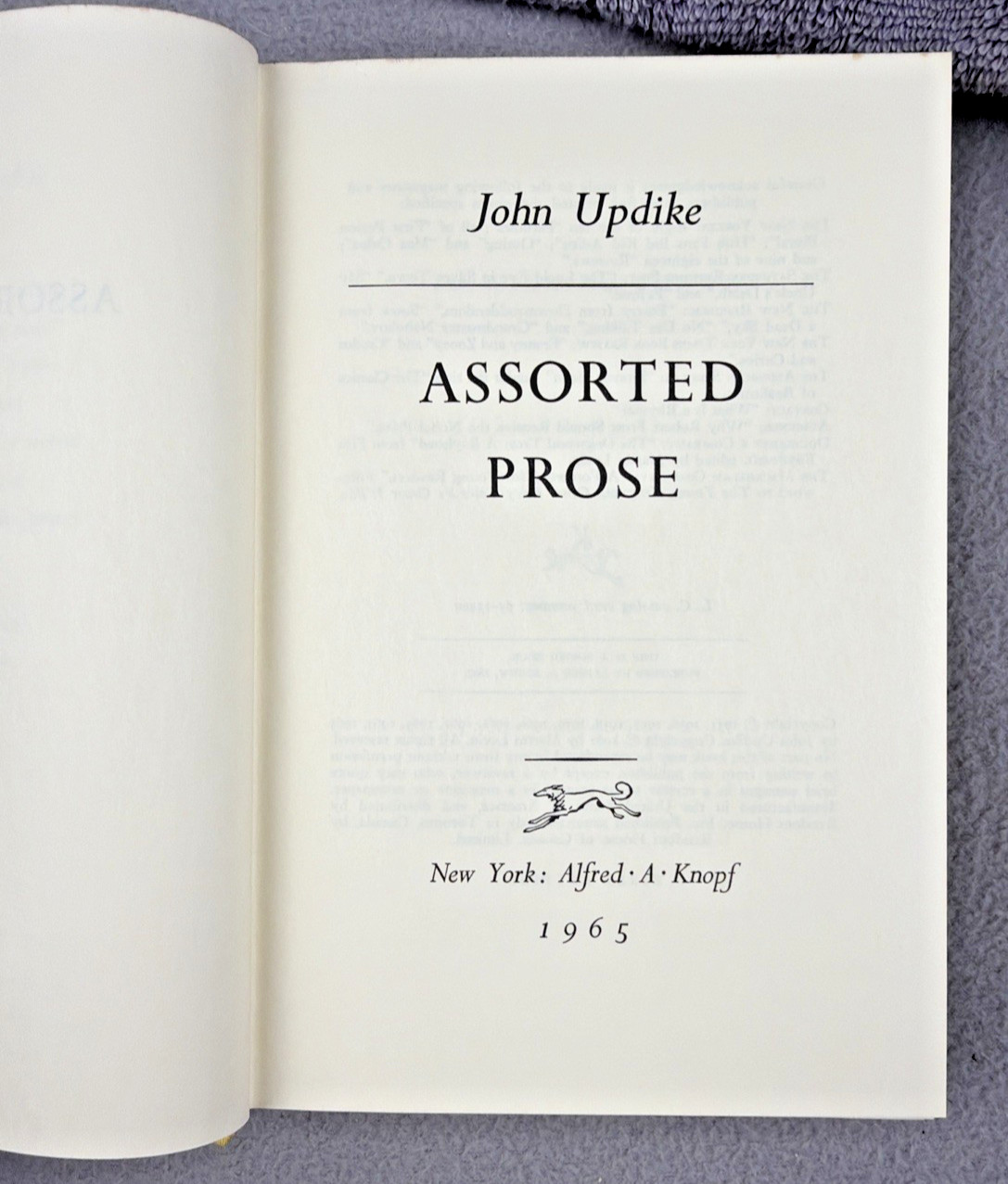 ASSORTED PROSE by JOHN UPDIKE First Edition 1965 Hardcover w/ DJ