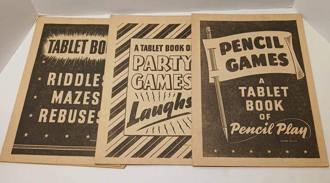 1940&rsquo;s Lot of 3 Pencil Games Tablet Books Riddles Mazes Pencil Play