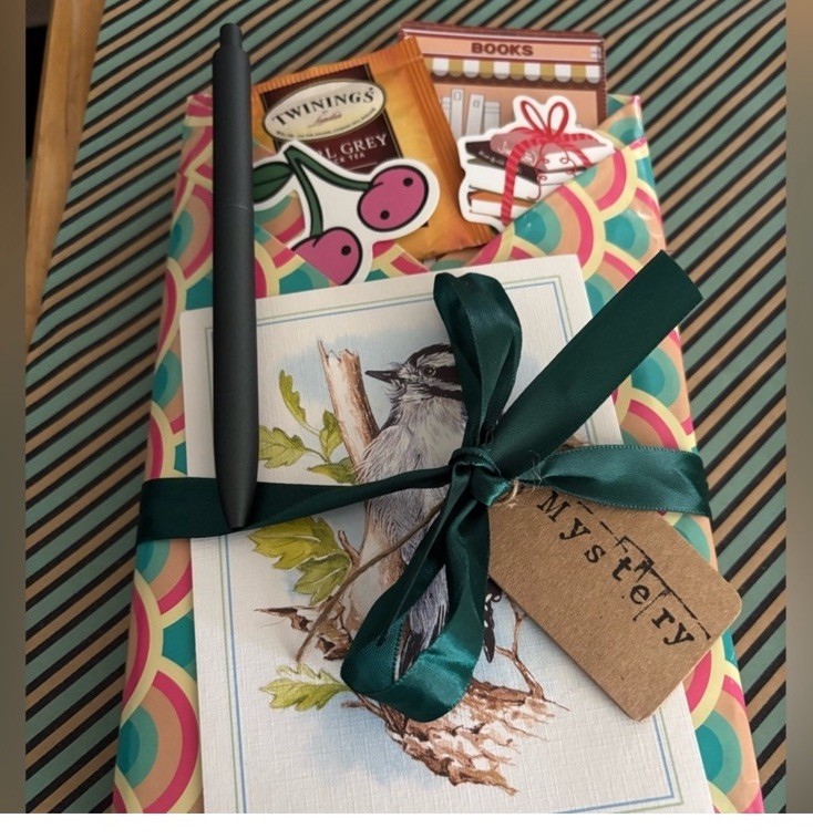 mystery blind date book box with bird art tea stickers stationery gift