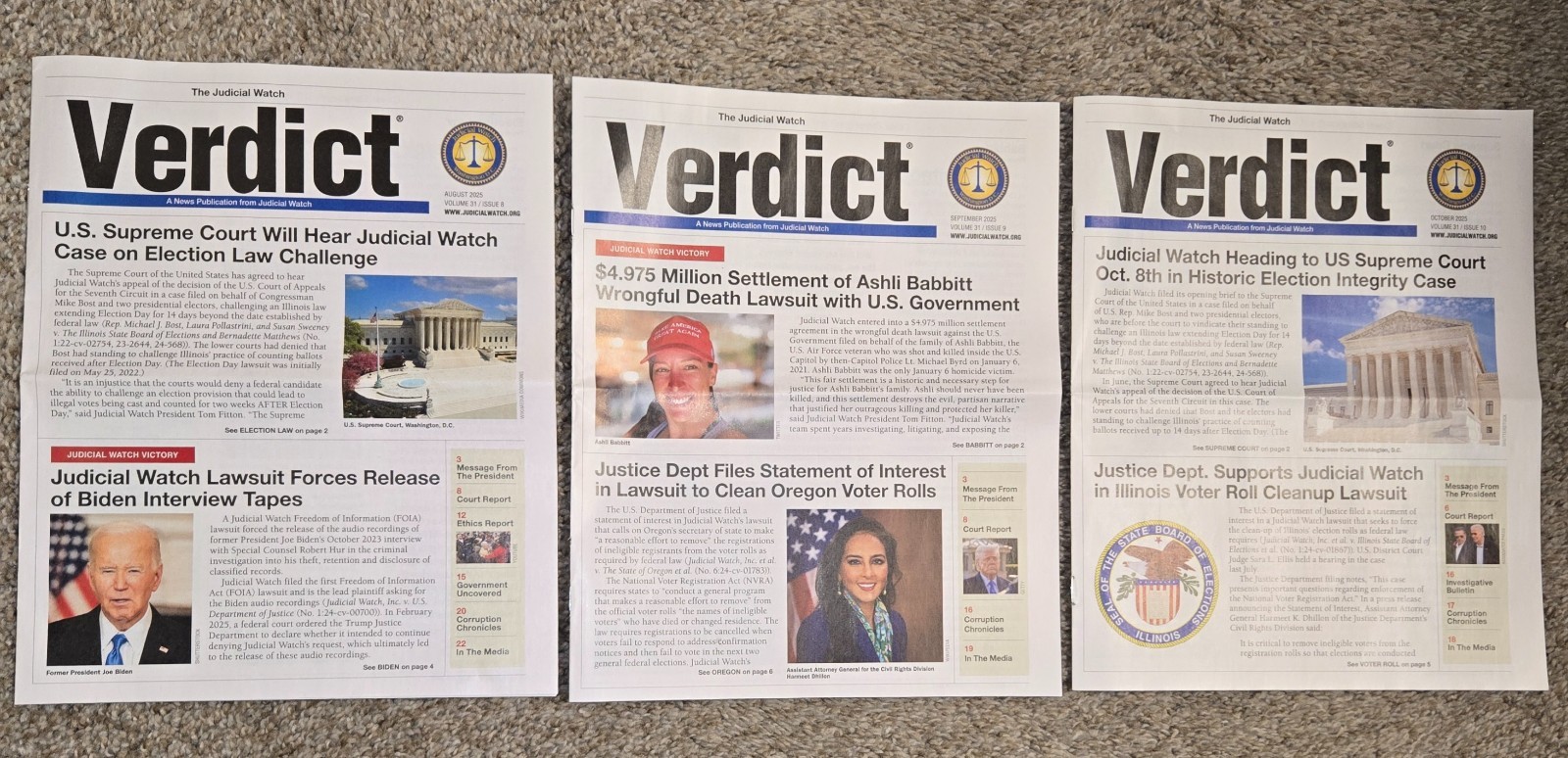 Verdict 2025- The Judicial Watch Volume 31; Lot of 3: Issues: Aug. Sep. Oct.