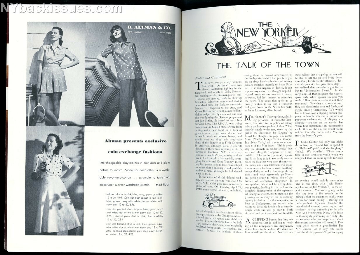 New Yorker magazine May 4 1940 Pal Joey John O&rsquo;Hara E J Kahn Dawn Powell FINE