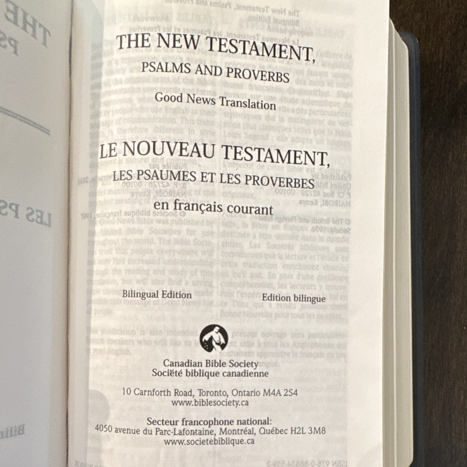 United Bible Societies Bilingual NT Psalms Proverbs Eng/Fre Leather 2004
