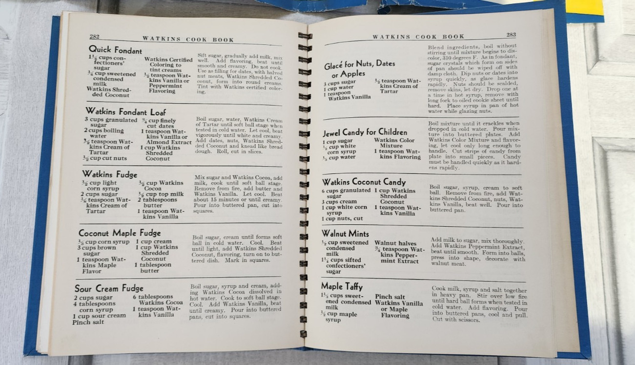 1938 Watkins Cook Book hardcover spiral-bound color advertisements 288 pages fun