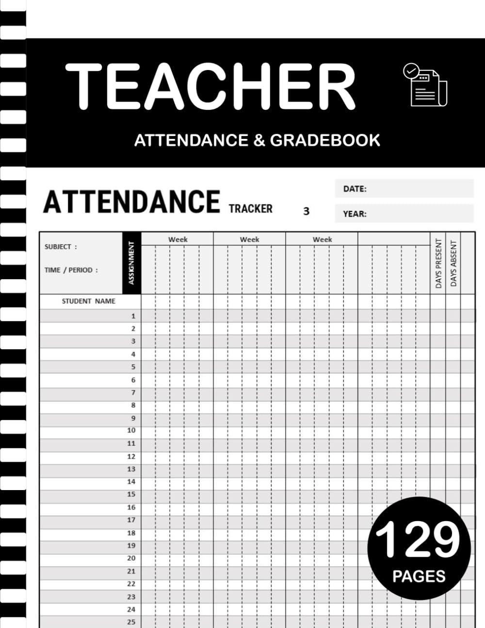 Teacher Grade & Attendance Book 2025-2026: 129 Pages | 8,5 x 11 Inches