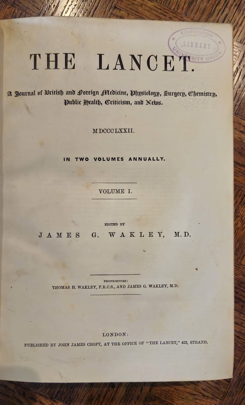 1872 Volume #1 of « The Lancet » medical journal, leather bound