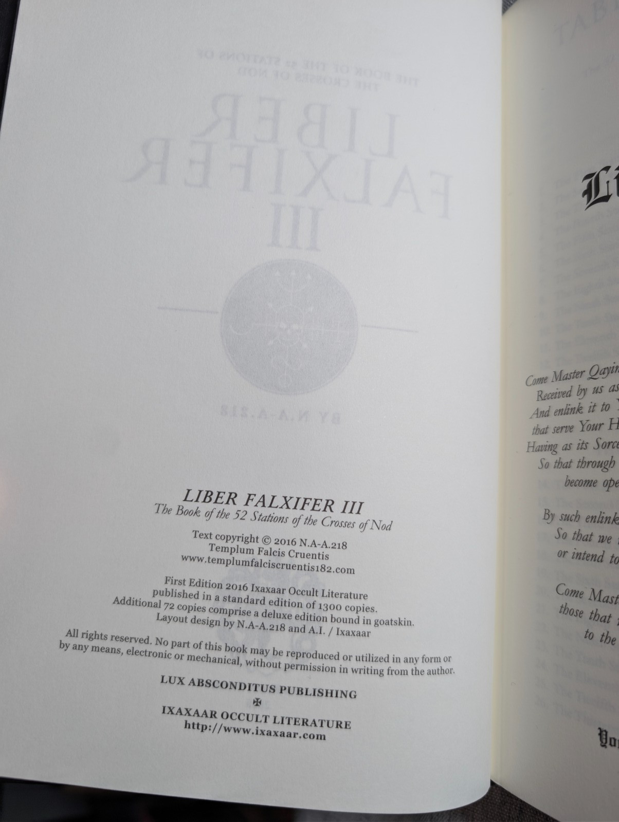 2016 First Edition Liber Falxifer III Ixaxaar N.A.A.218 #410/1300