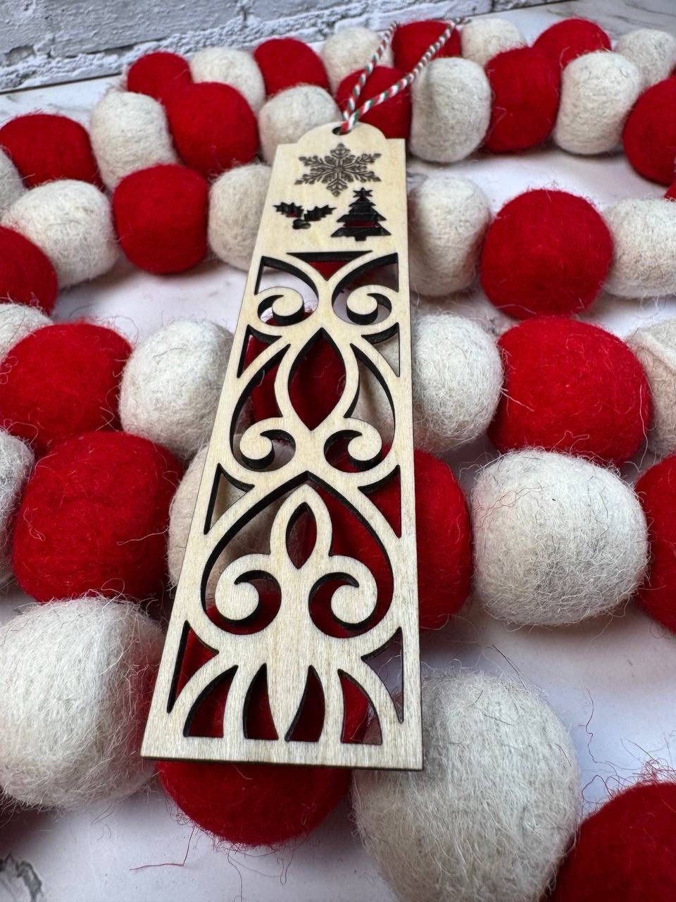 Christmas Bookmark Wood 5×1.5 in Festive Snowflake Tree Holly Design Holiday Gif