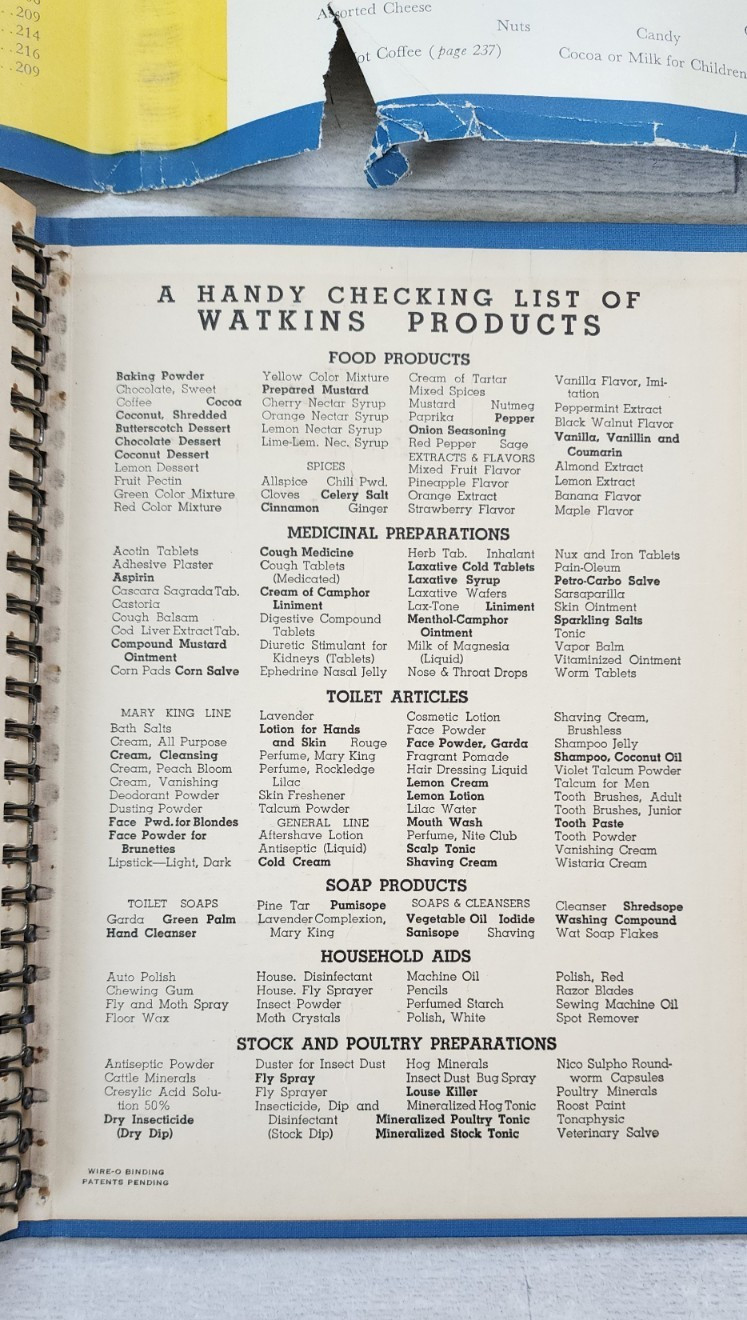 1938 Watkins Cook Book hardcover spiral-bound color advertisements 288 pages fun