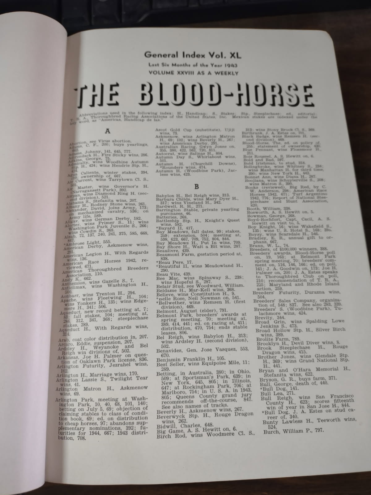 The Blood Horse Weekly Vol XL of July 3 to Dec 25, 1943 Hardcover Very RARE