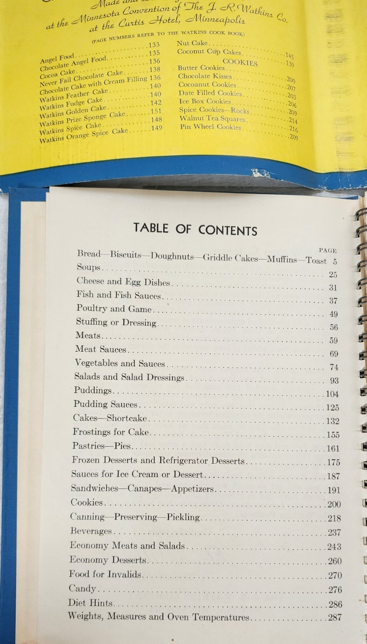 1938 Watkins Cook Book hardcover spiral-bound color advertisements 288 pages fun