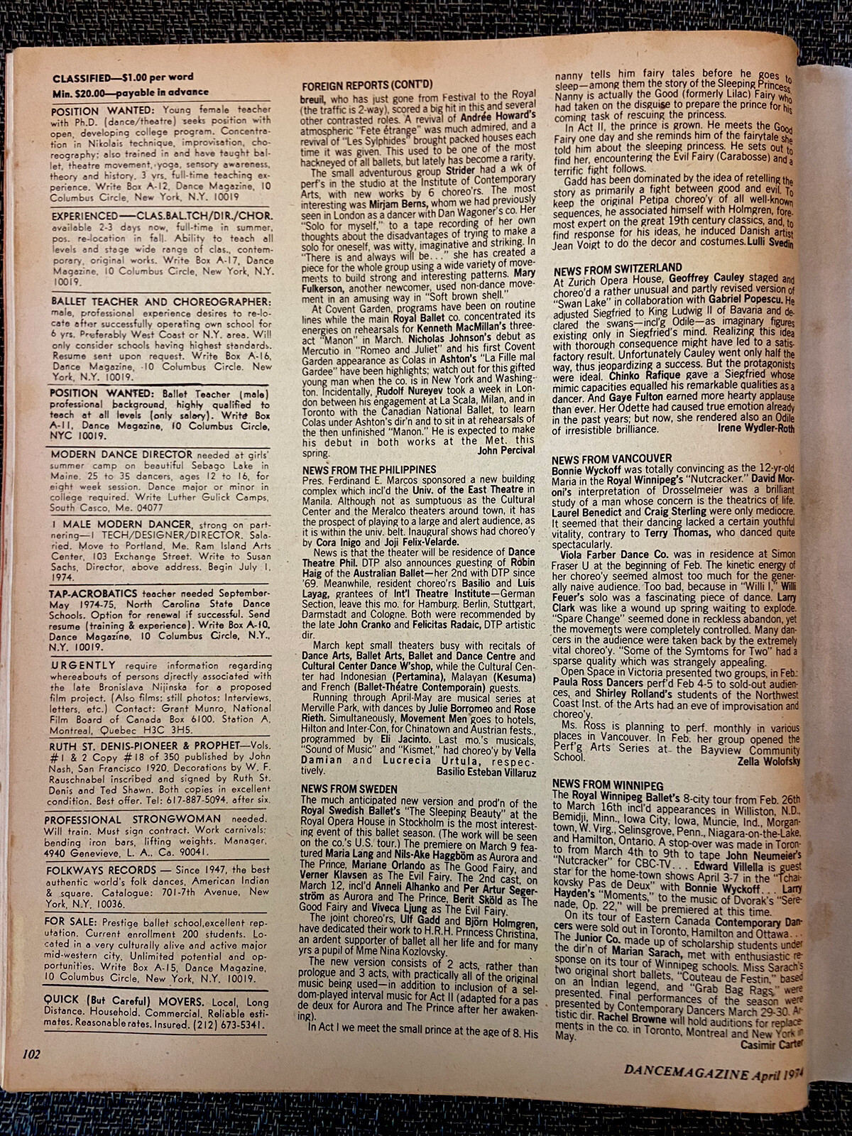 Special Edition Dance Magazine April 1974, New Dance, Phoebe Neville, 102 Pages