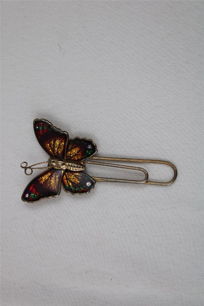 2.5&Prime;VINTAGE ENAMELED BUTTERFLY BOOKMARK~GOLDTONE~PAPERCLIP~MADE IN TAIWAN~BROWNS