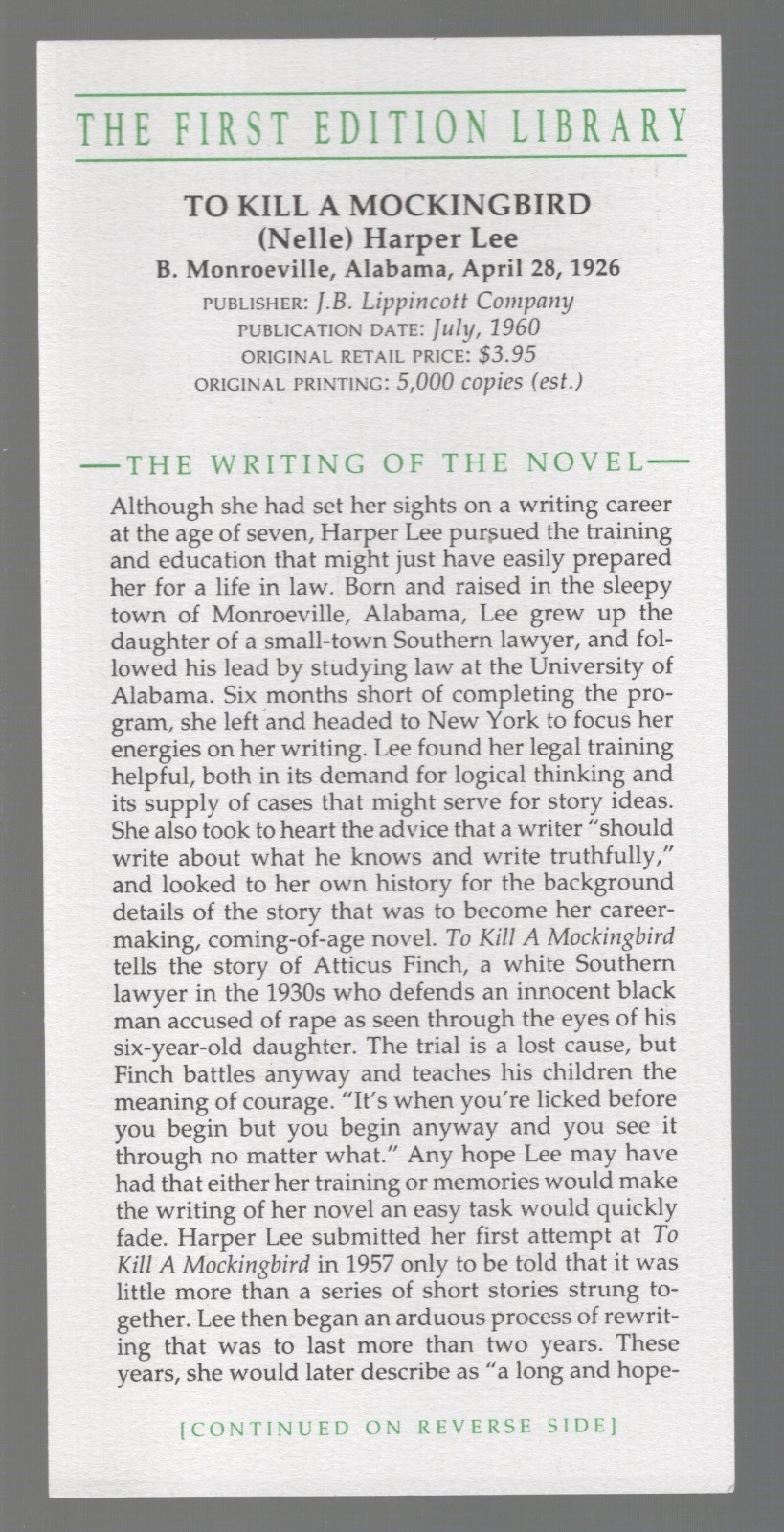 Harper Lee TO KILL A MOCKINGBIRD First Edition Library FEL EXCELLENT w/Card