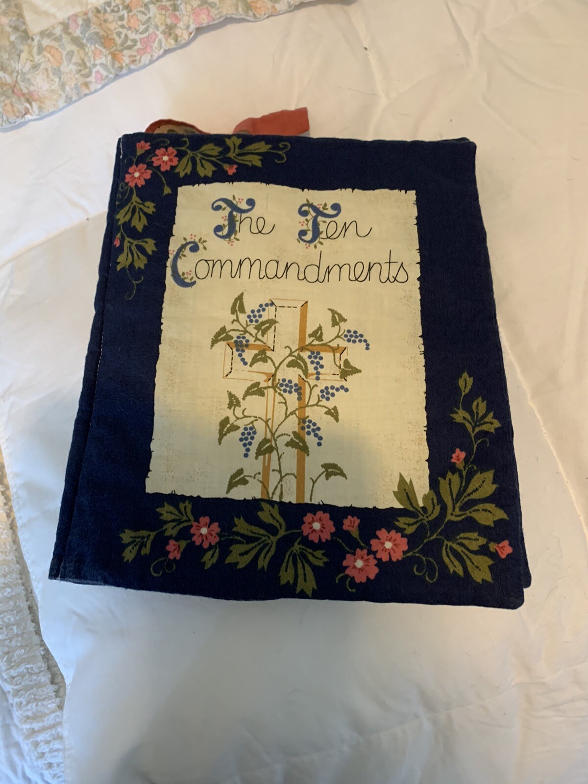 Vintage Cloth -Quilted 10 Commandments Book with Bookmark! 10 1/2 Inches Long