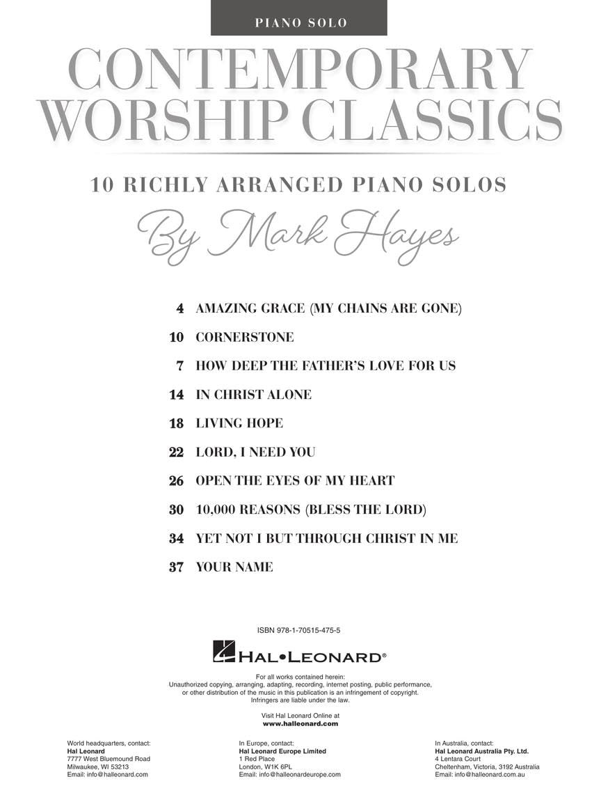 Contemporary Worship Classics for Piano by Mark Hayes | 10 Intermediate Church P