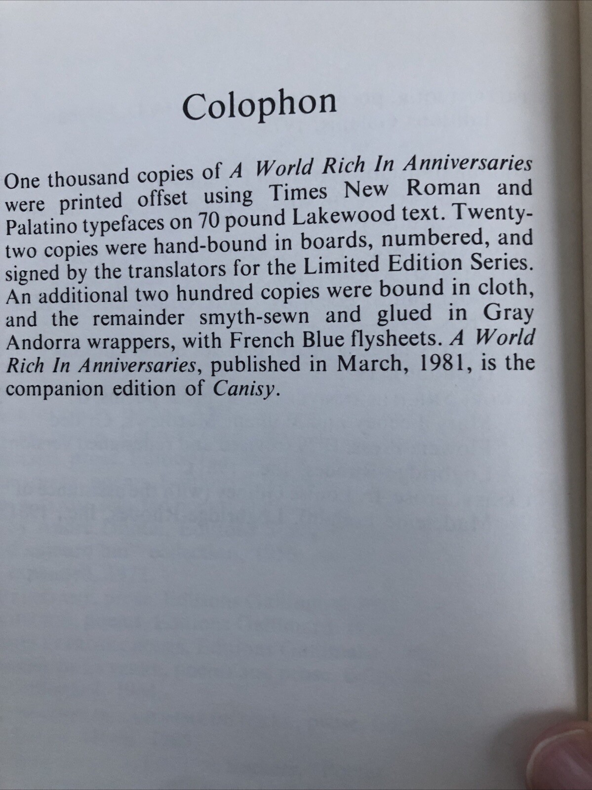 A World Rich in Anniversaries (1981) Jean Follain Eng/Fre Logbridge-Rhodes