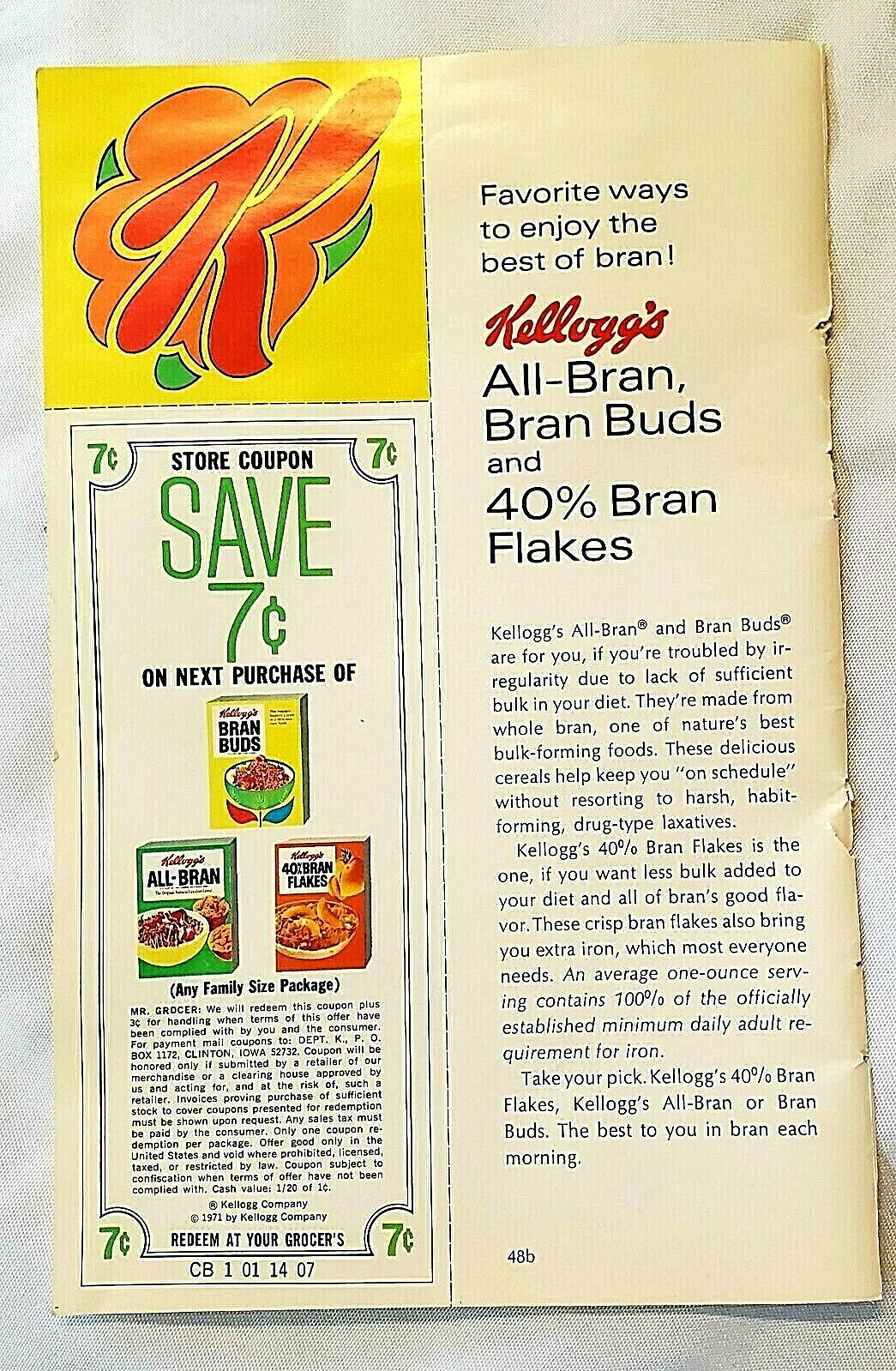 VINTAGE 1971 KELLOGG&rsquo;S ALL-BRAN BRAN BUDS/ FLAKES COUPON $0.07 CENTS AND AD PAGE