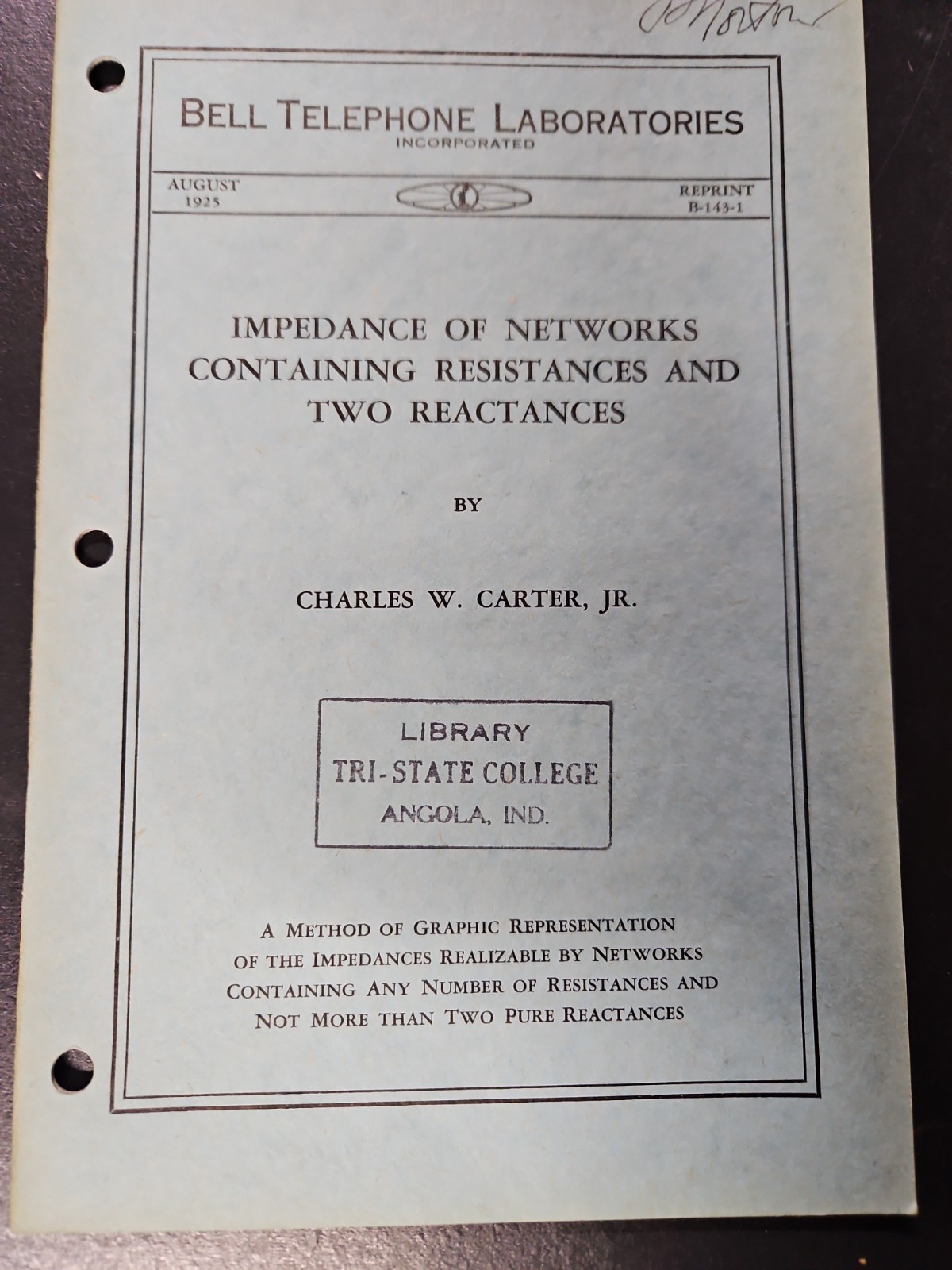 1925 Bell Labs Reprint B-143-1 Impedance of Networks Charles Carter RARE