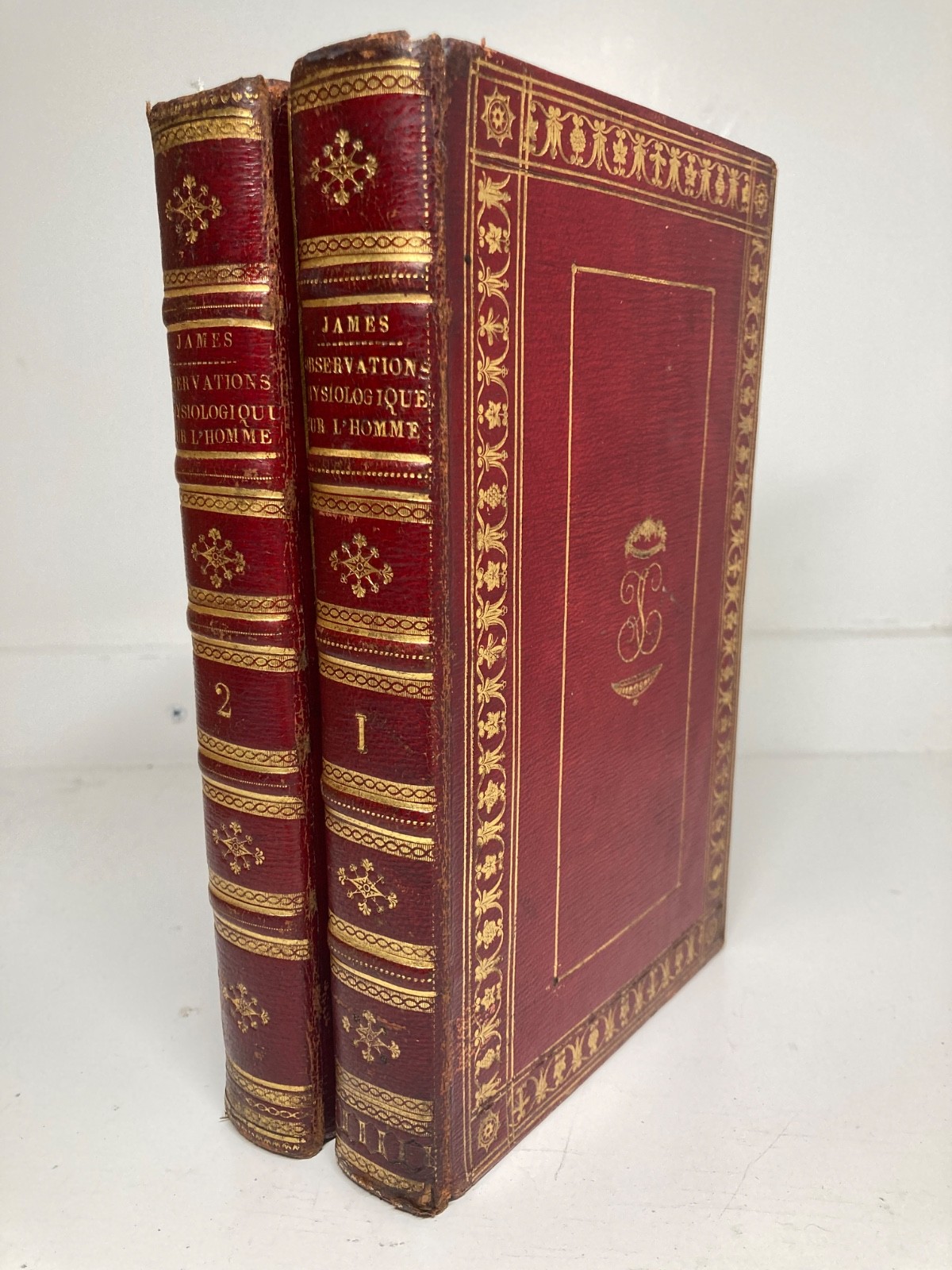 1825 JAMES Psychology Physiology 2 Vols Red Morocco Leather Silk Cipher