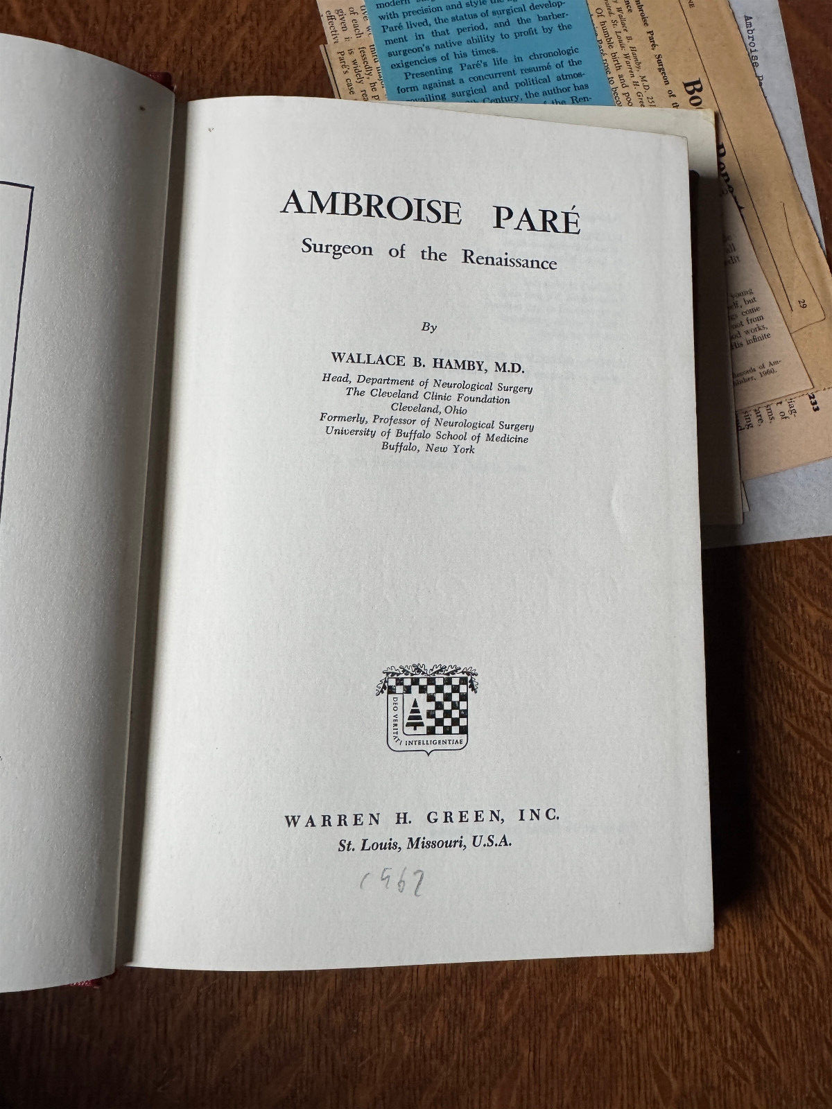 Ambrose Pare Surgeon Renaissance Hamby 1967 Cleveland Clinic First Edition
