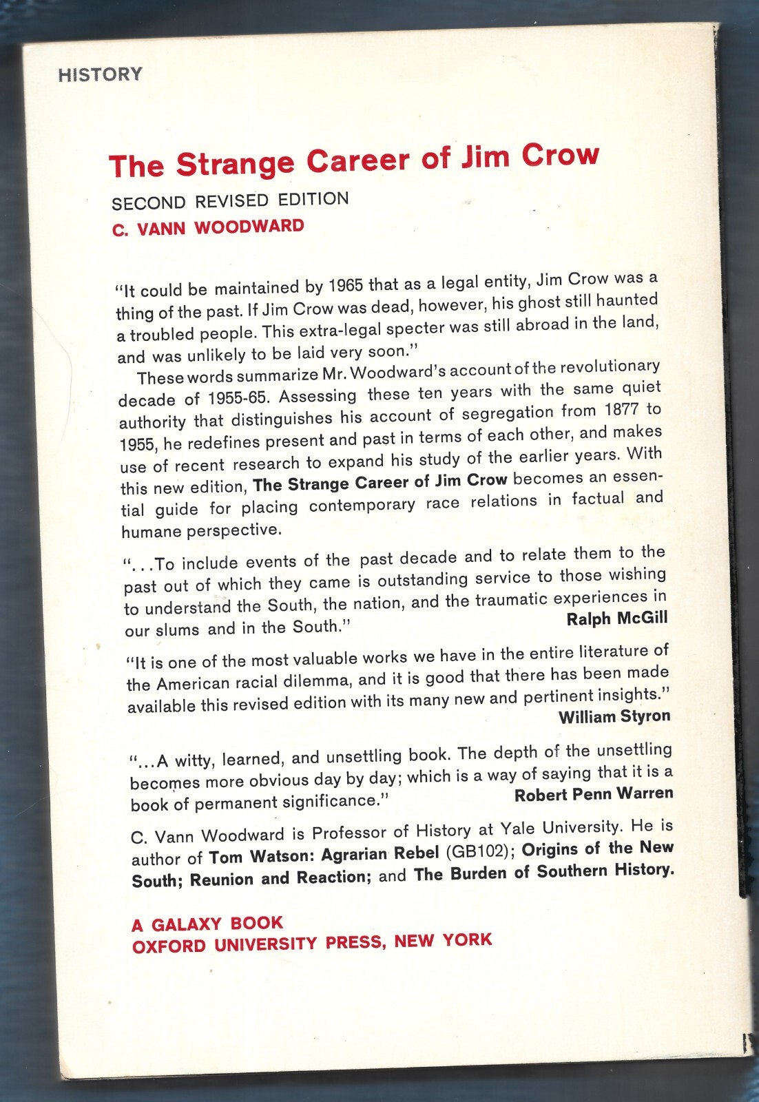 The Strange Career of Jim Crow PB-1969-2nd Revised-C. Vann Woodward-205 pages