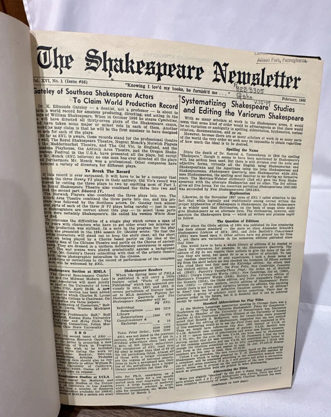 1966-67 Shakespeare Newsletter #16-17 Bound Volume, Library Edition (BM30)