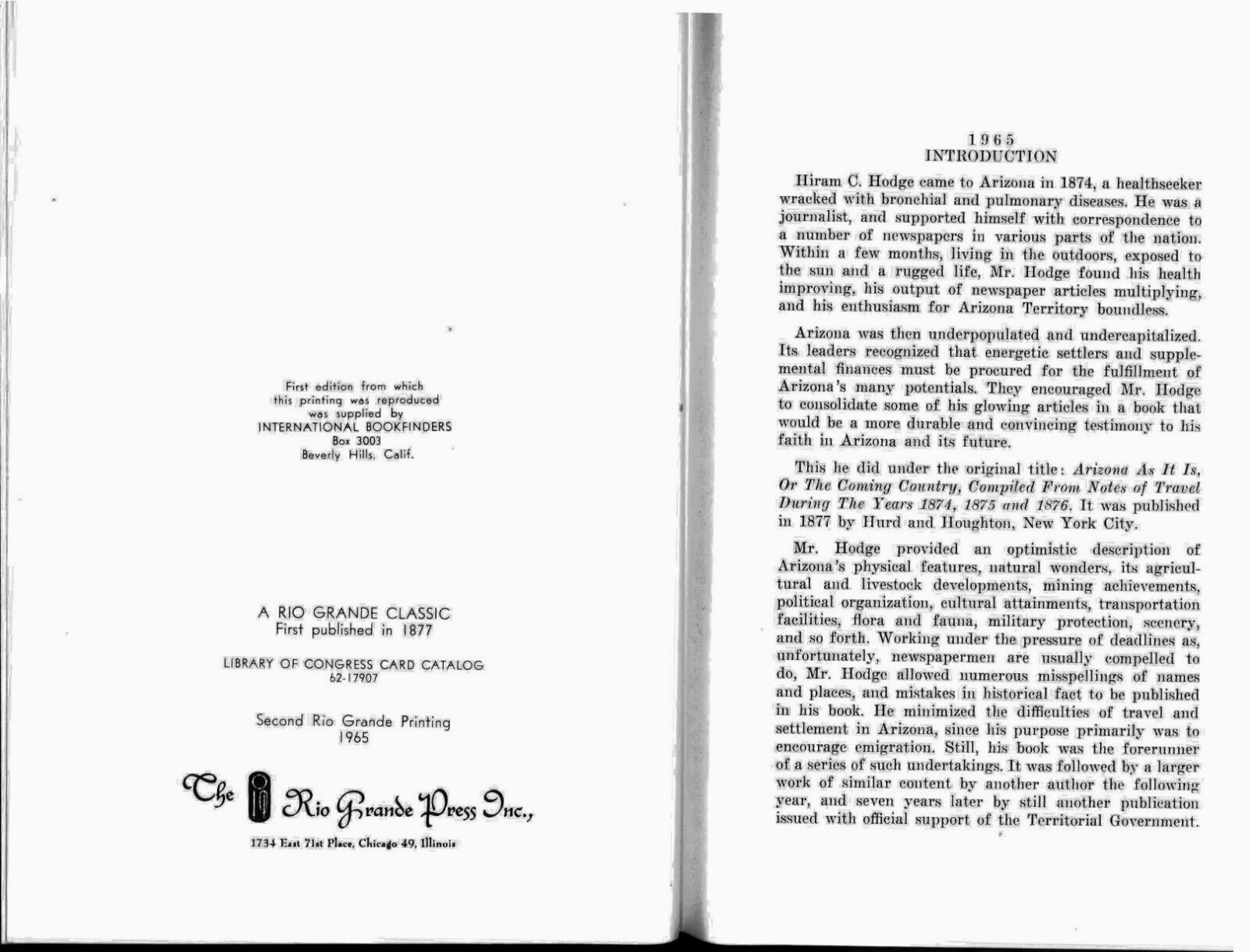 1877 Arizona As It Was. by Hiram C. Hodge, 1965. Rio Grande Press. Very Good.