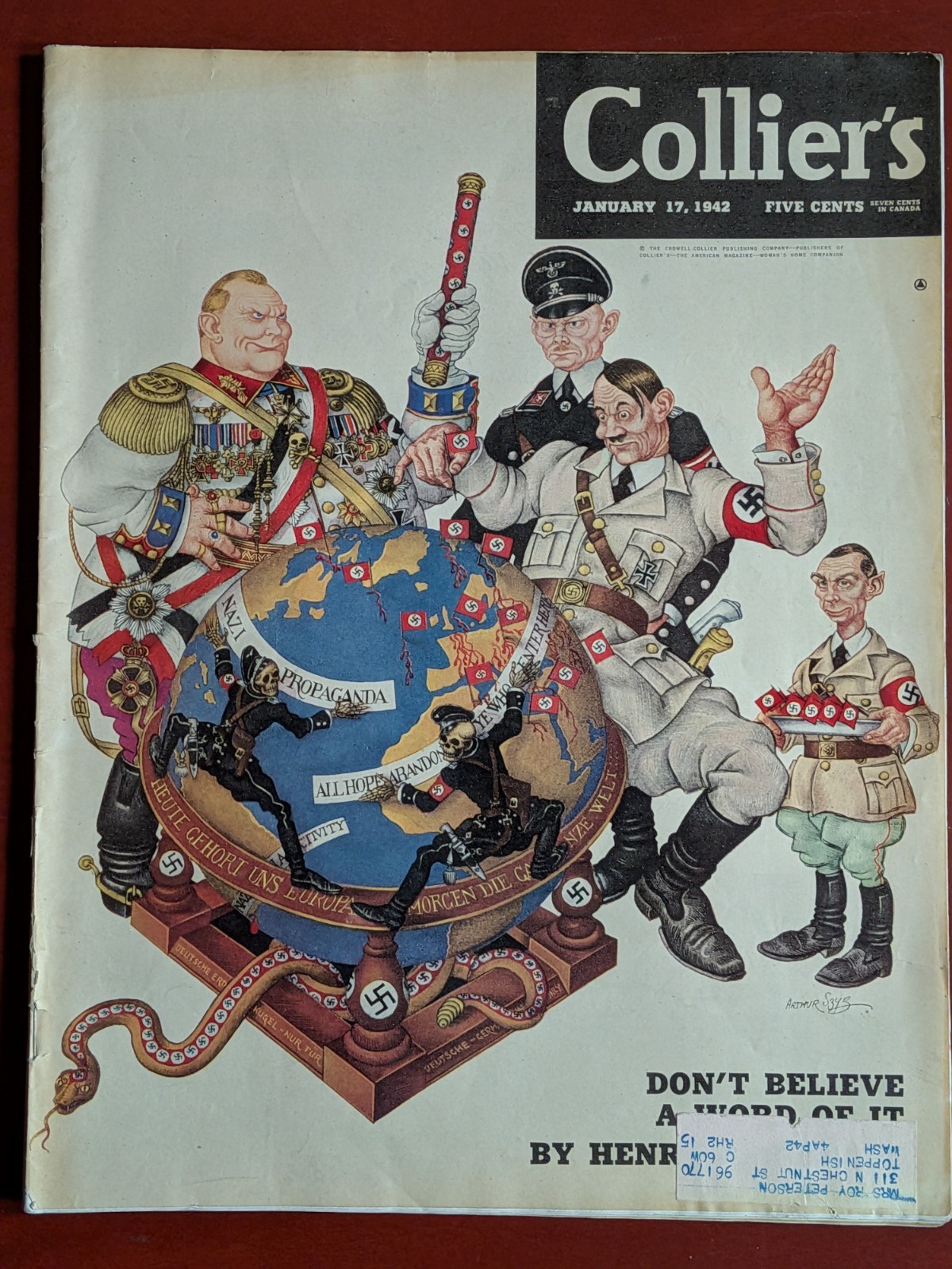 RARE 1942 Arthur Szyk Collier&rsquo;s Jan 17 – Hitler Göring Anti-Axis Propaganda Art