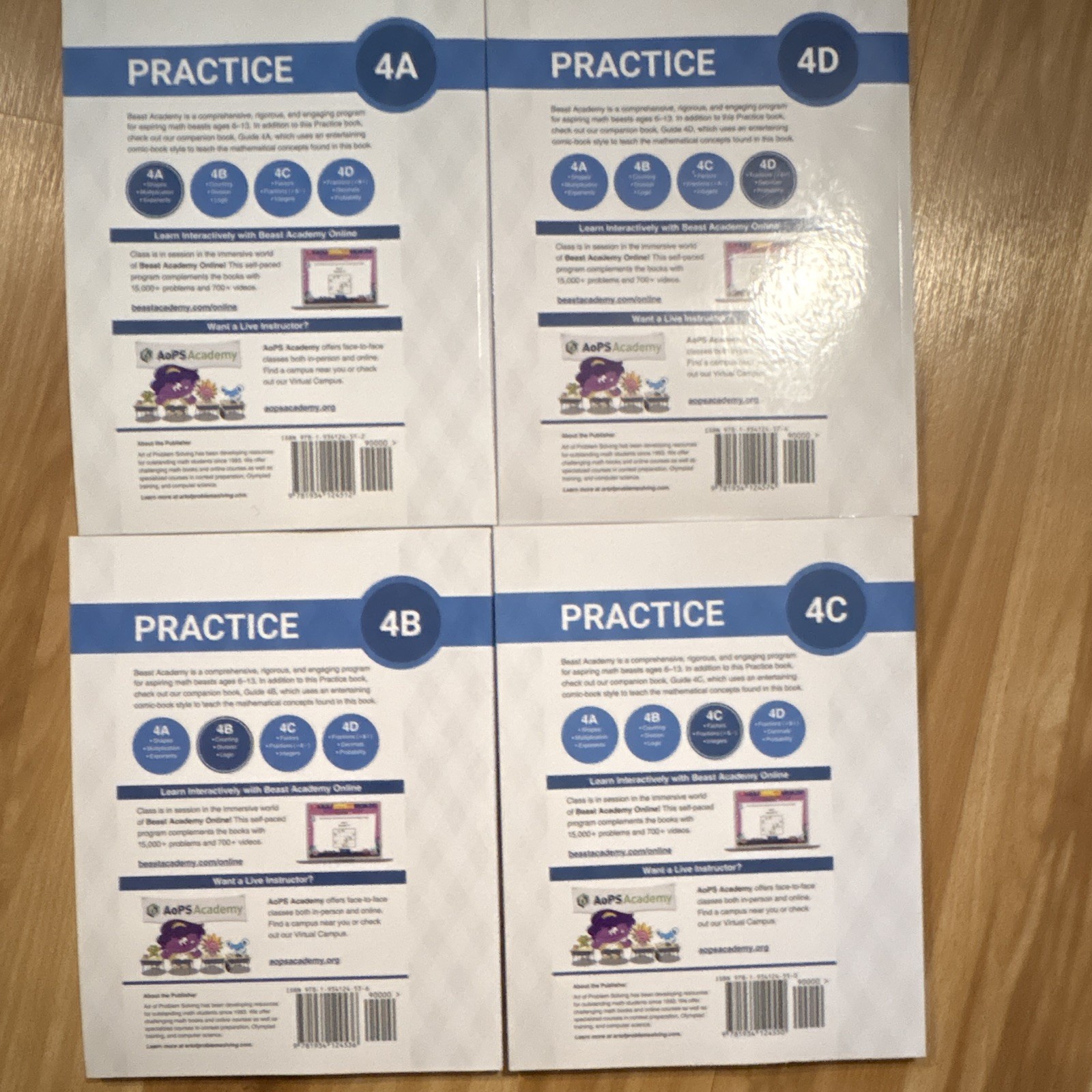 Beast Academy Practice Math Workbooks Grade 4 Set 4A 4B 4C 4D ISBN
