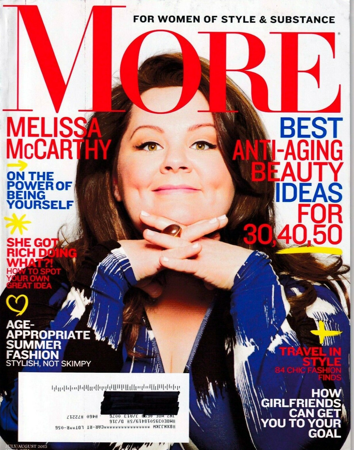 MORE Magazine – July/August 2013. Melissa McCarthy. Anti-Aging Ideas. 102 Pages.