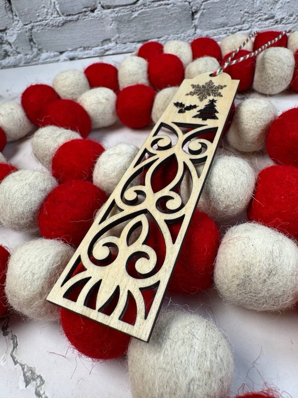 Christmas Bookmark Wood 5×1.5 in Festive Snowflake Tree Holly Design Holiday Gif