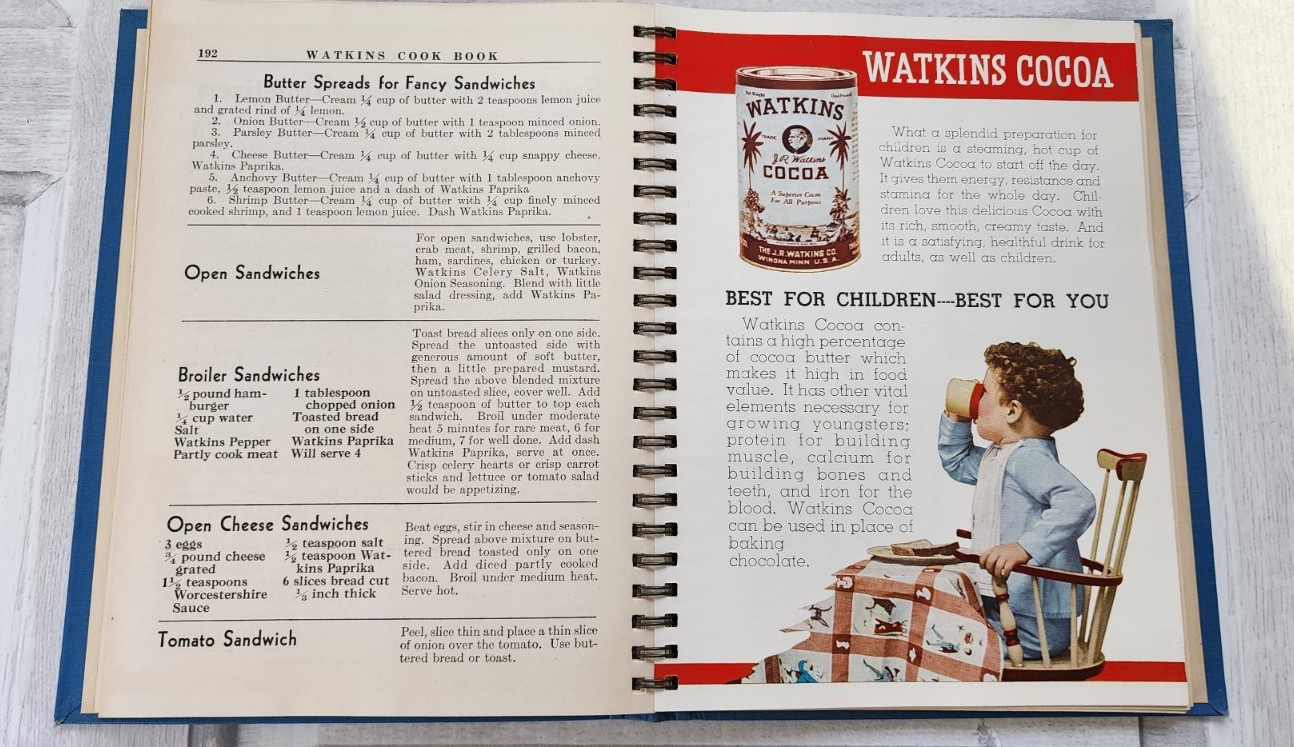 1938 Watkins Cook Book hardcover spiral-bound color advertisements 288 pages fun