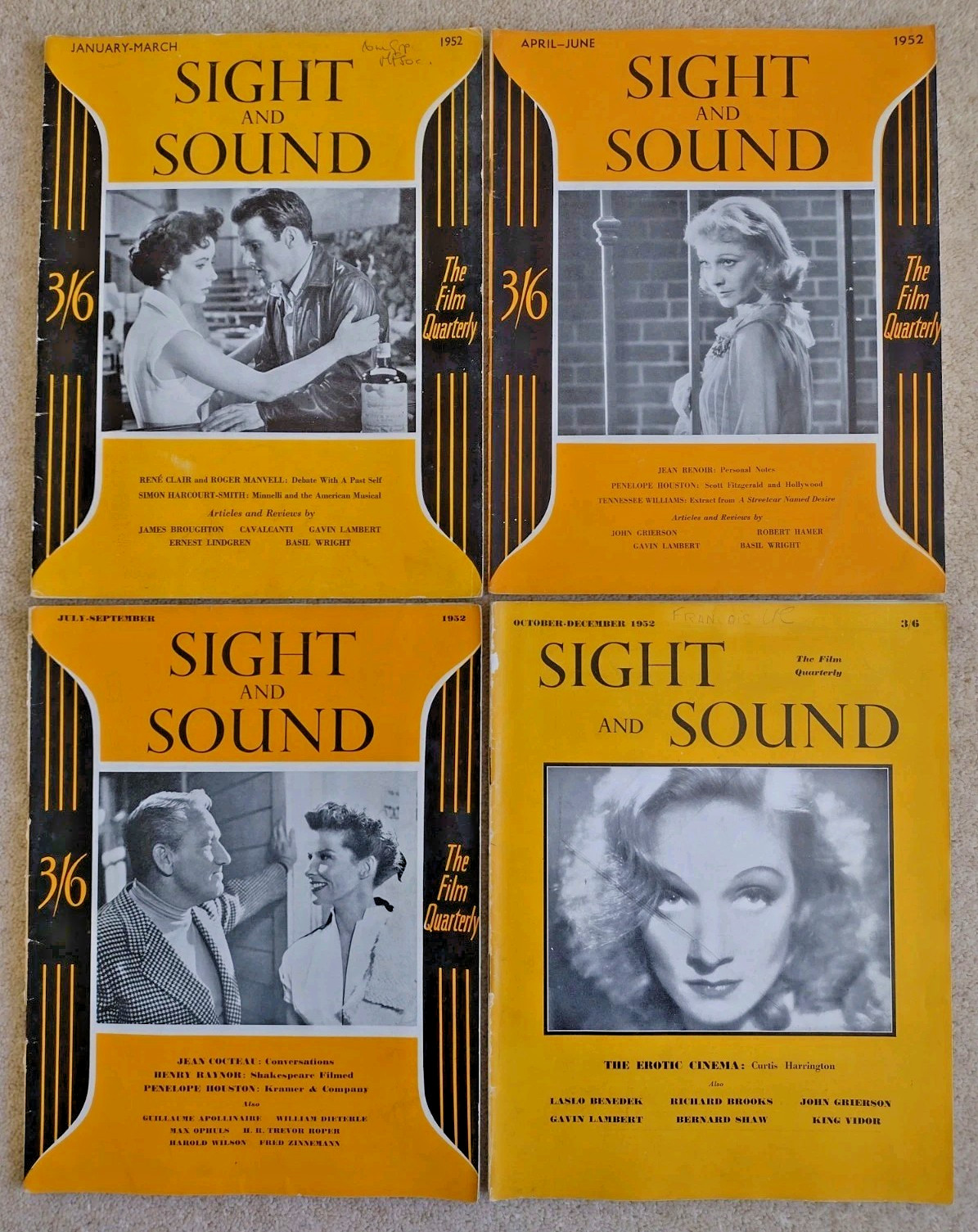 Sight and Sound 1952 full year x4 Streetcar Clair Cocteau horror Dietrich +++