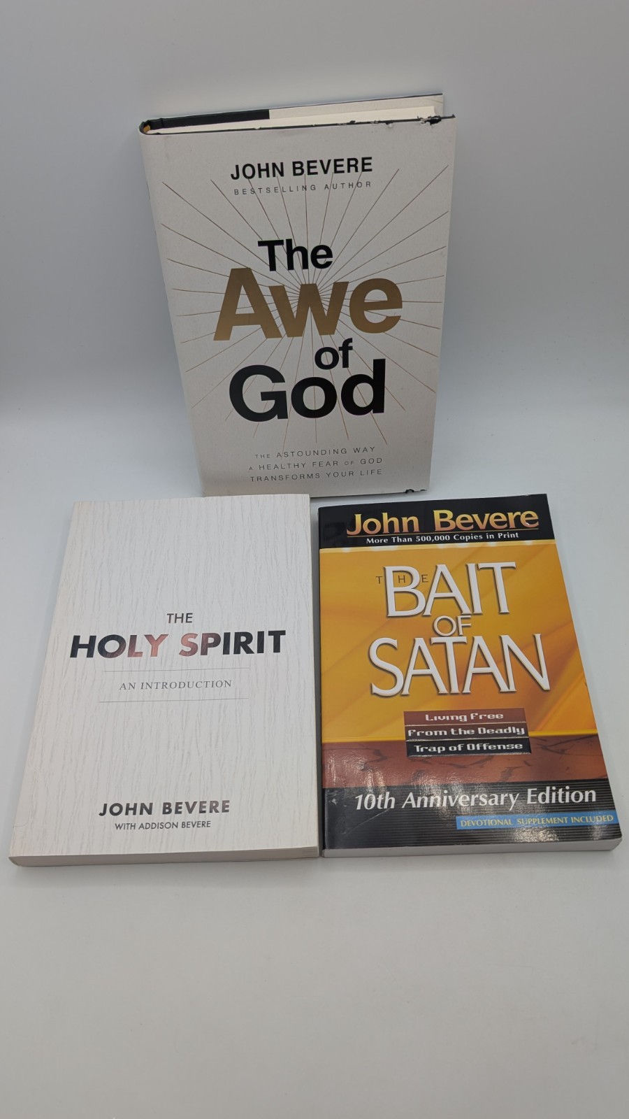 John Bevere LOT Holy Spirit + 9781591854135 Bait of Satan+ 9781400336708 Awe of