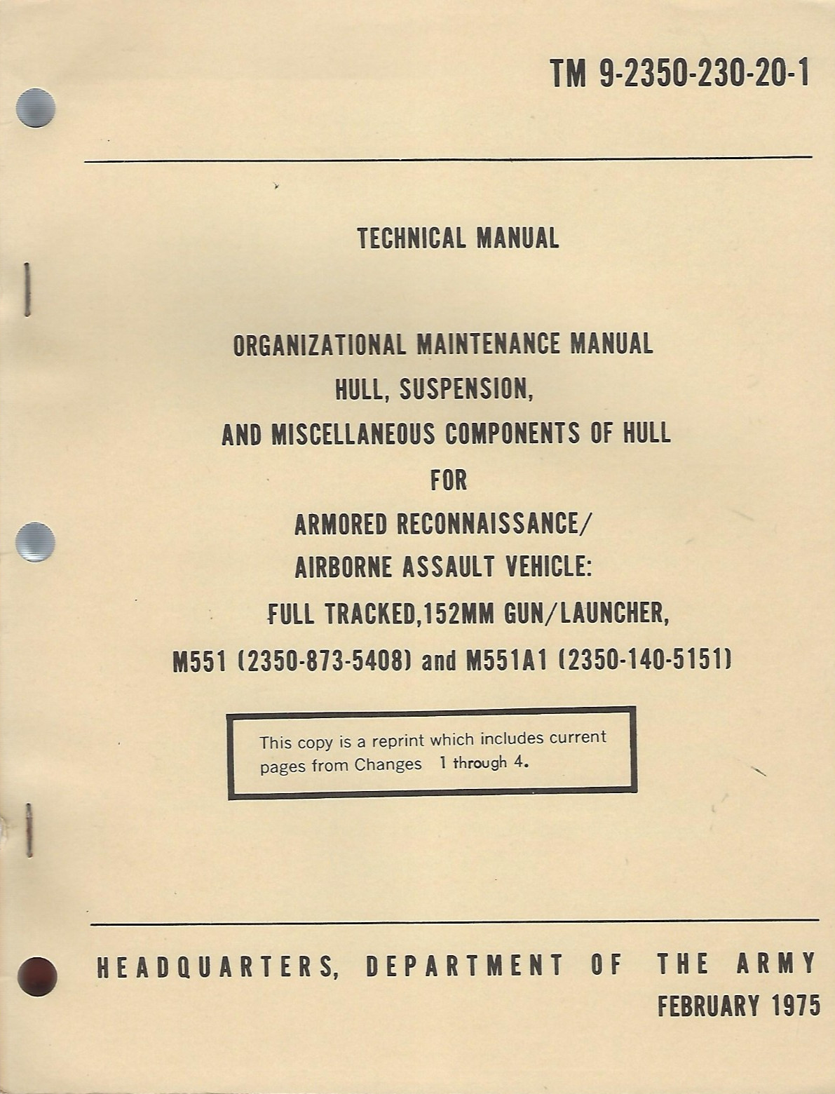 Historical book Armored Recon/Abn Vehicle, 152MM Gun, M551, Unit Maint