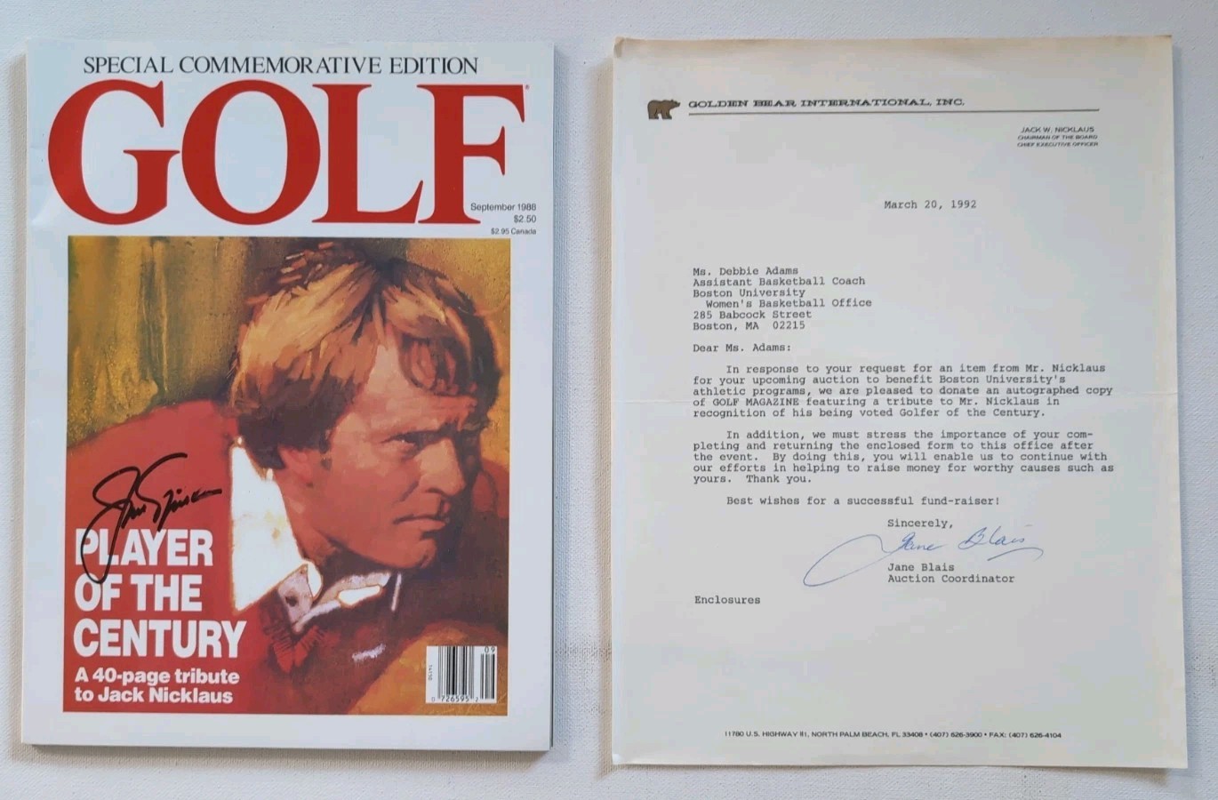 Golf Special Commemorative Edition 1988 Signed Autograph Jack Nicklaus w/Letter