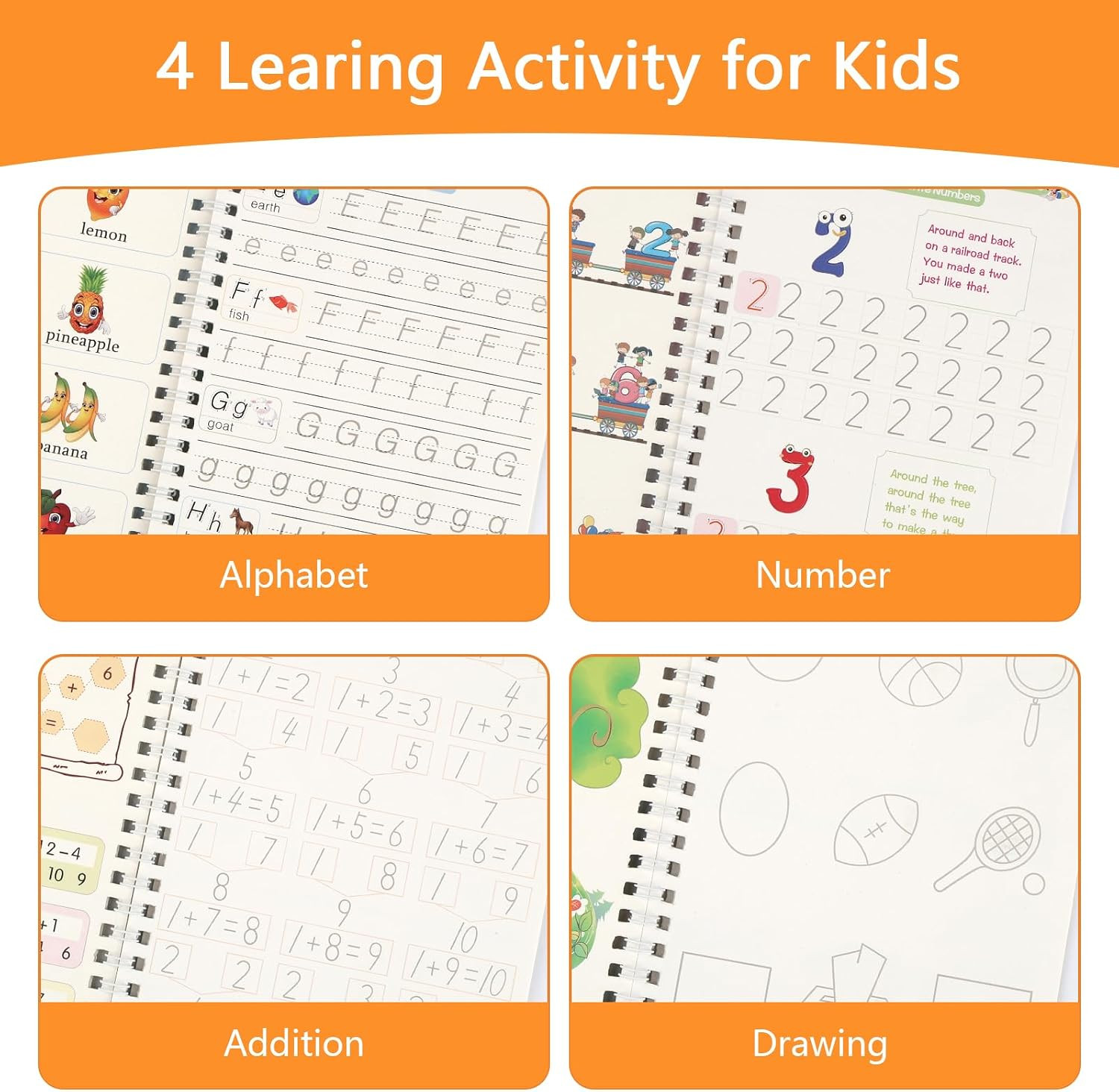 Magic Grooved Writing Books for Kids 3-5 Reusable Handwriting Practice 4 Pack