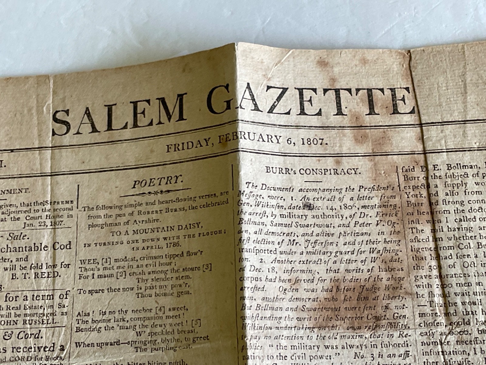 AARON BURR TREASON & CONSPIRACY TRAIL 1807 SALEM GAZETTE BURR’S CONSPIRACY