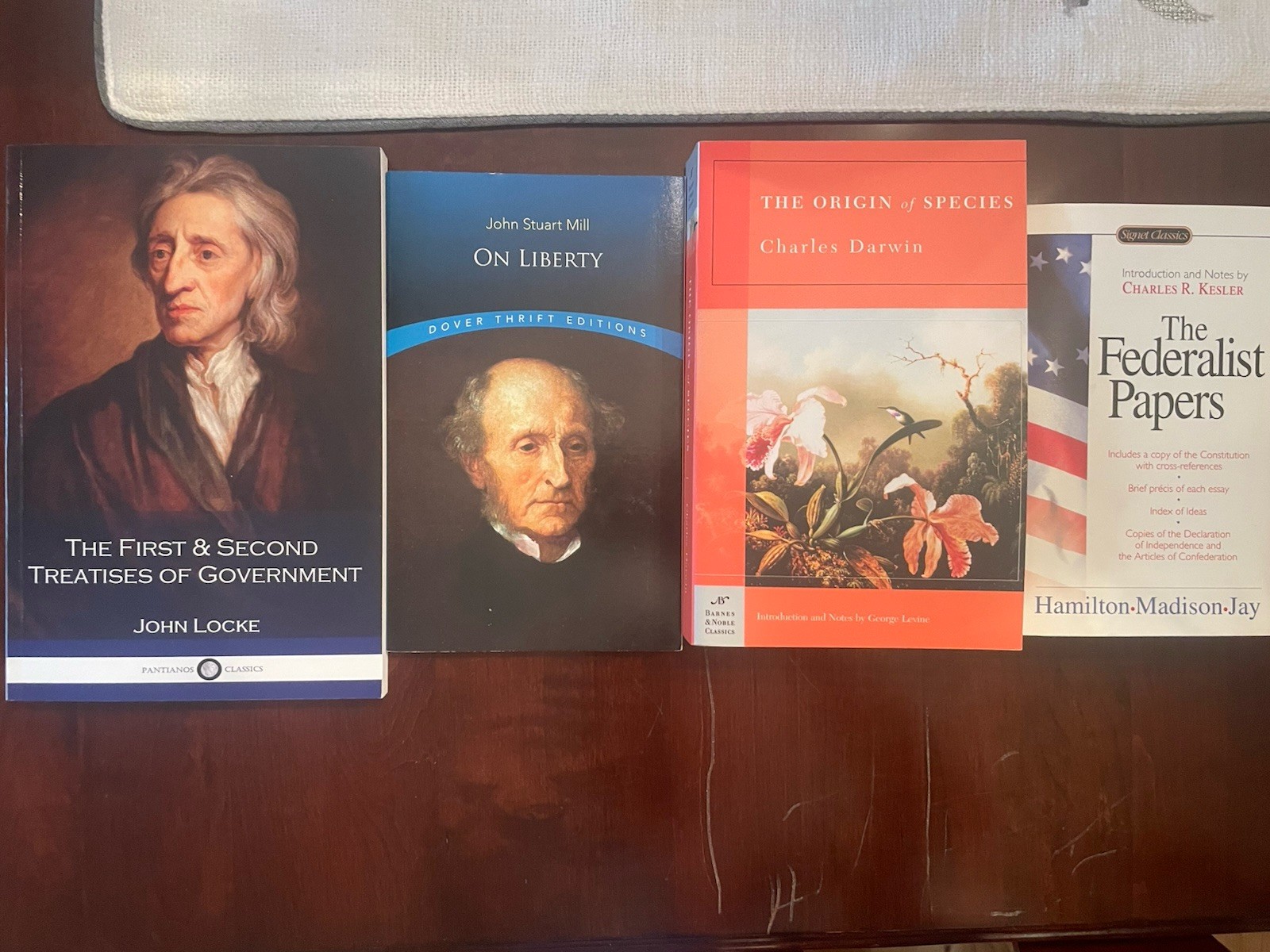 Lot of 4 Liberal & Science Books- Locke, Stuart Mill, Federalist Papers, Darwin