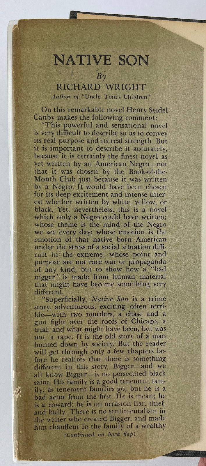 Native Son, Richard Wright, 1940, First Book Club Edition, HCDJ