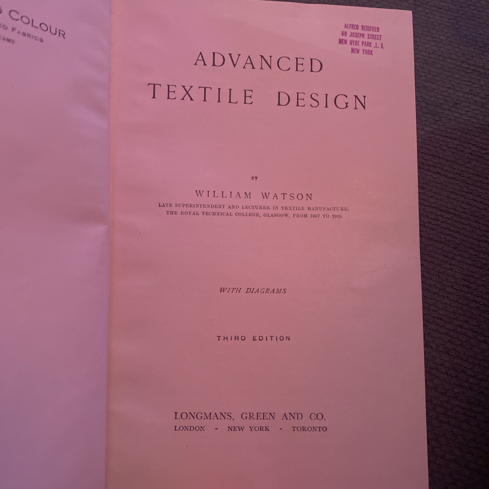 Advanced Textile Design by Watson, William New Edition VTG 1955