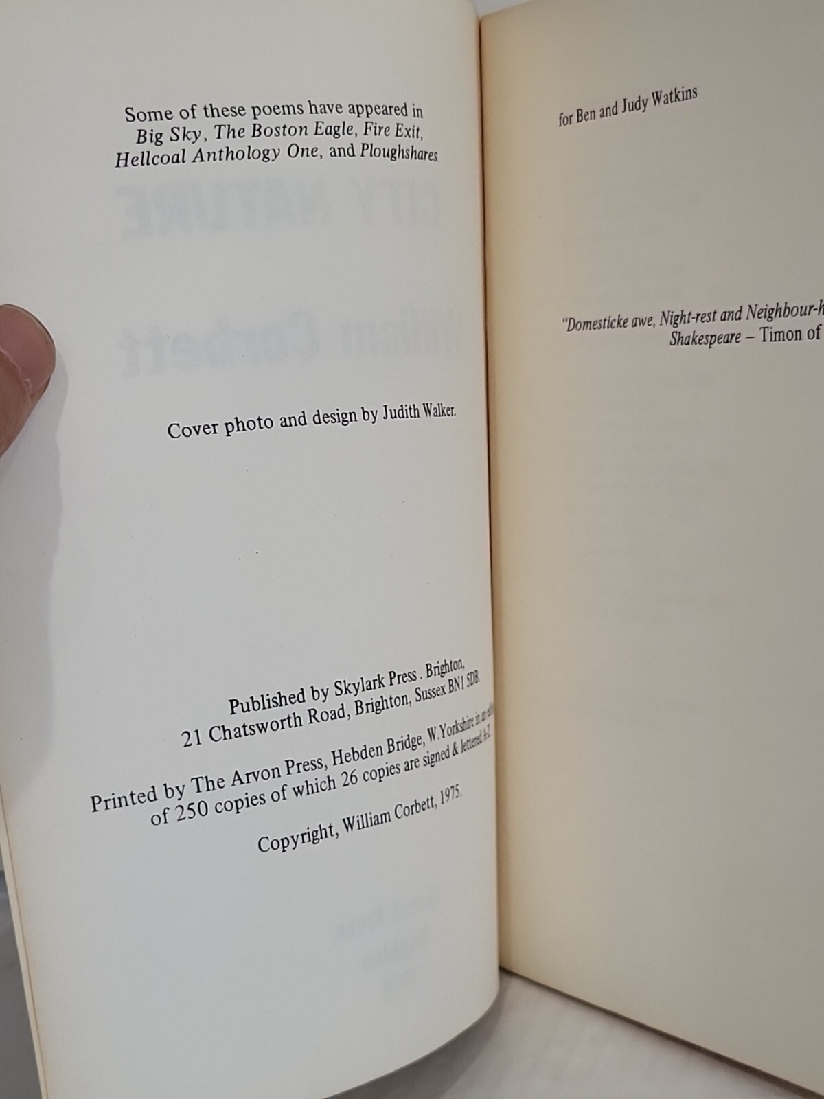 City Nature William Corbett 1975 Poetry Skylark Press Poetry United Kingdom 1st