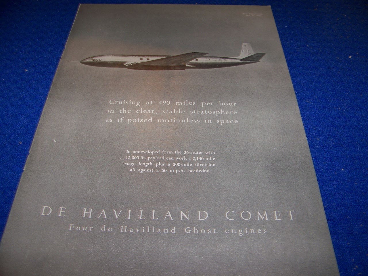 1950: DE HAVILLAND COMET « CRUISING AT 490 MPH »..1-PAGE SALES AD (302SS)