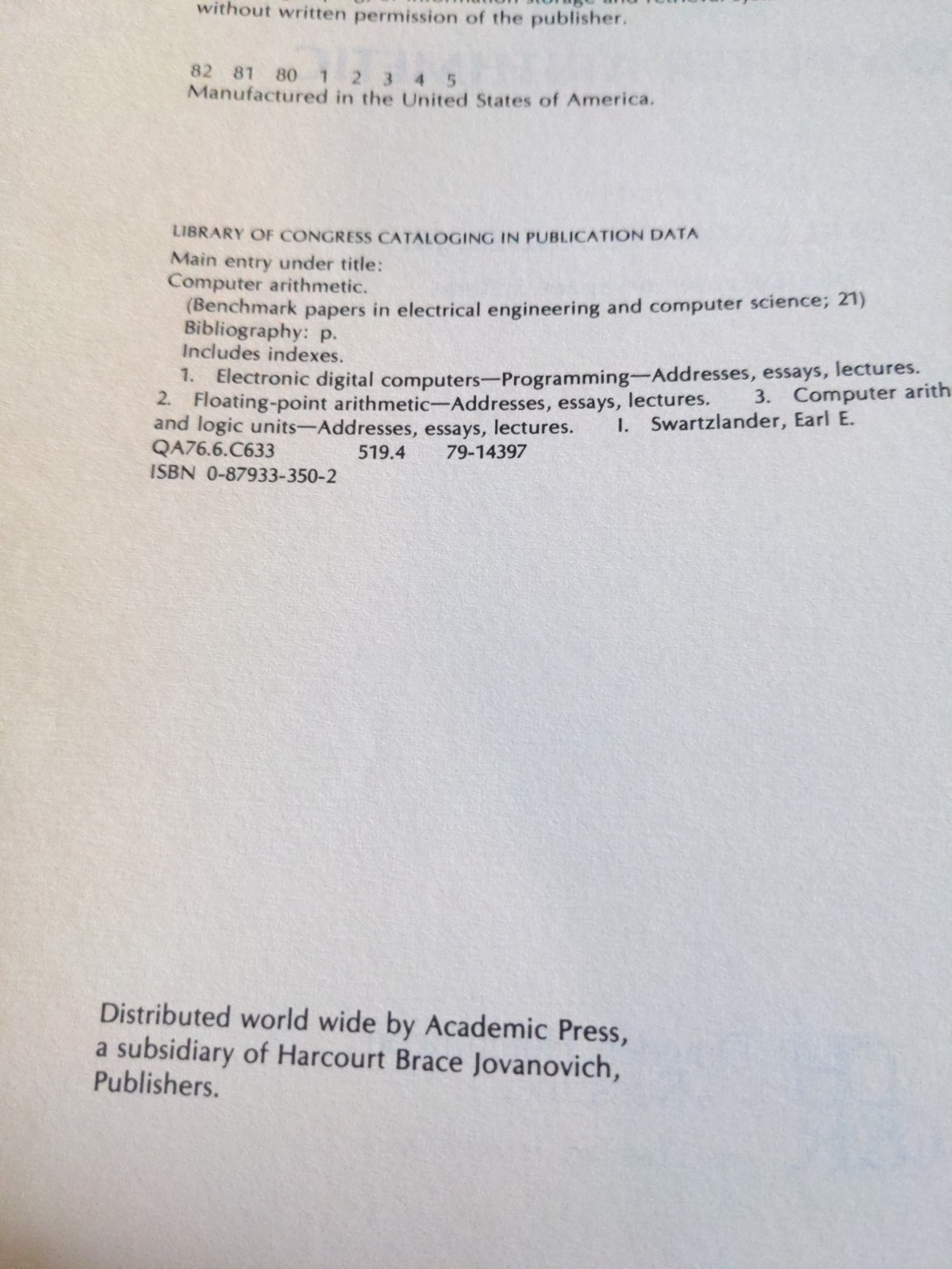 Benchmark Papers in Electrical Engineering: Computer Arithmetic, K. Swartzlander