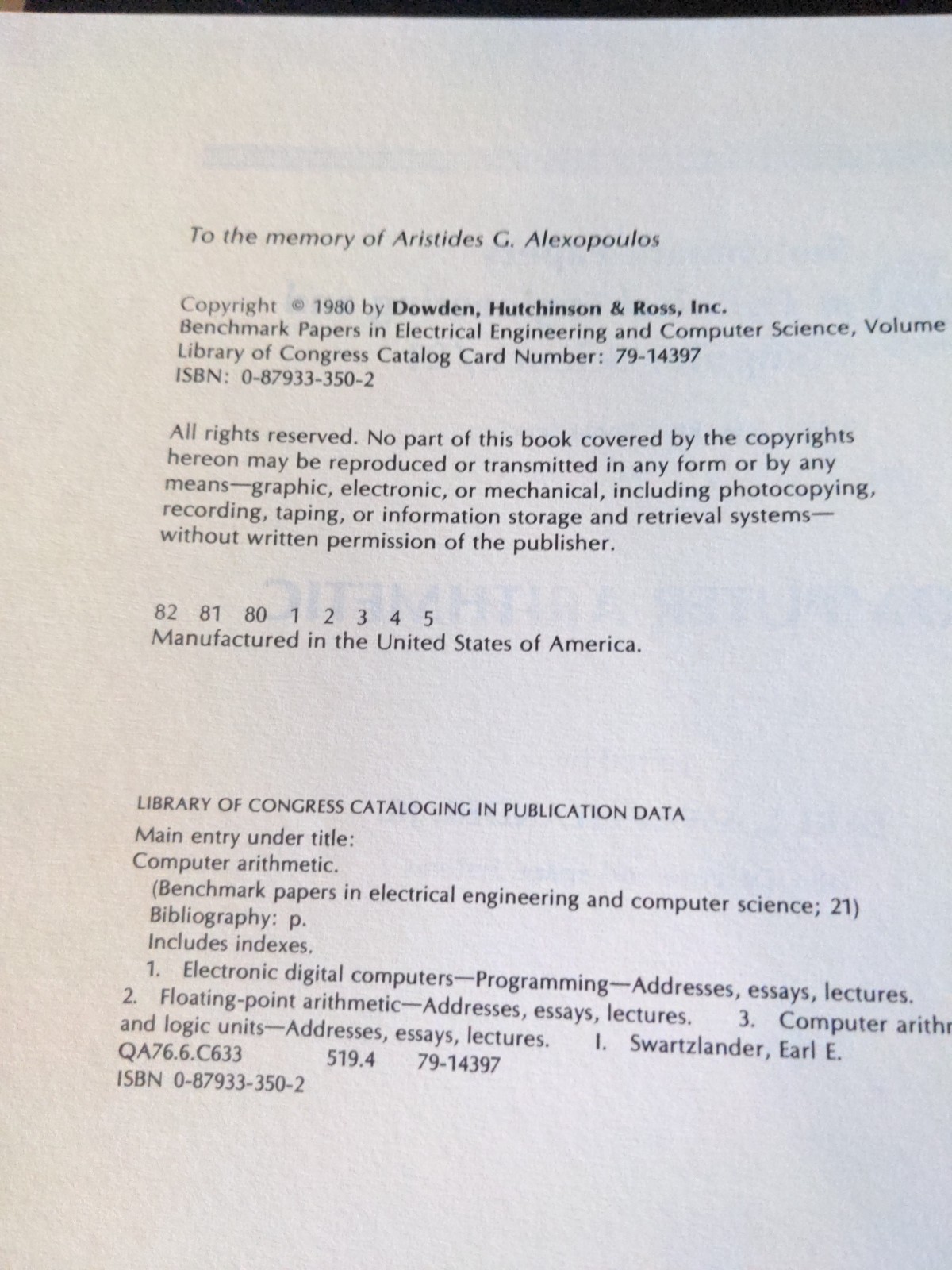 Benchmark Papers in Electrical Engineering: Computer Arithmetic, K. Swartzlander