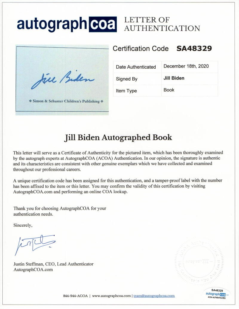 JILL BIDEN SIGNED AUTOGRAPH « JOEY: THE STORY OF JOE BIDEN » BOOK – RARE! W/ ACOA